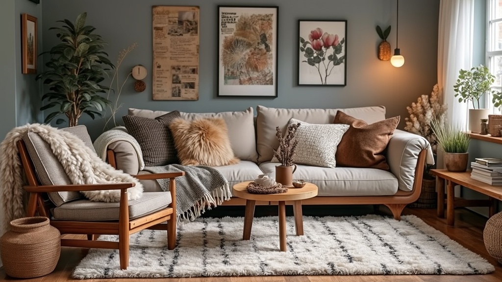 Cozy living room with layered textures: cotton, wool, faux fur, and wood in pillows, blankets, and rugs.