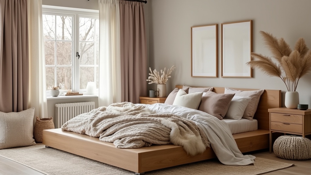 Scandifornian bedroom with layered textures, warm colors, low bed, varied pillows, knitted throws, and baskets.