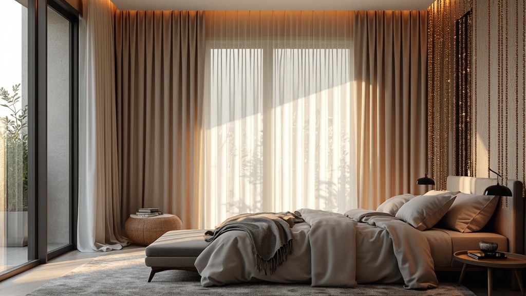 Layered bedroom design with beaded curtains over fabric drapes in neutral tones, creating a cozy ambiance.