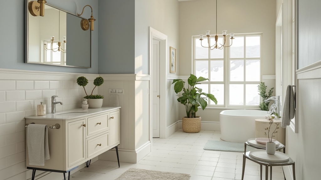 A small, inviting bathroom with light-colored walls, pastel accents, and soft gray flooring for spaciousness.
