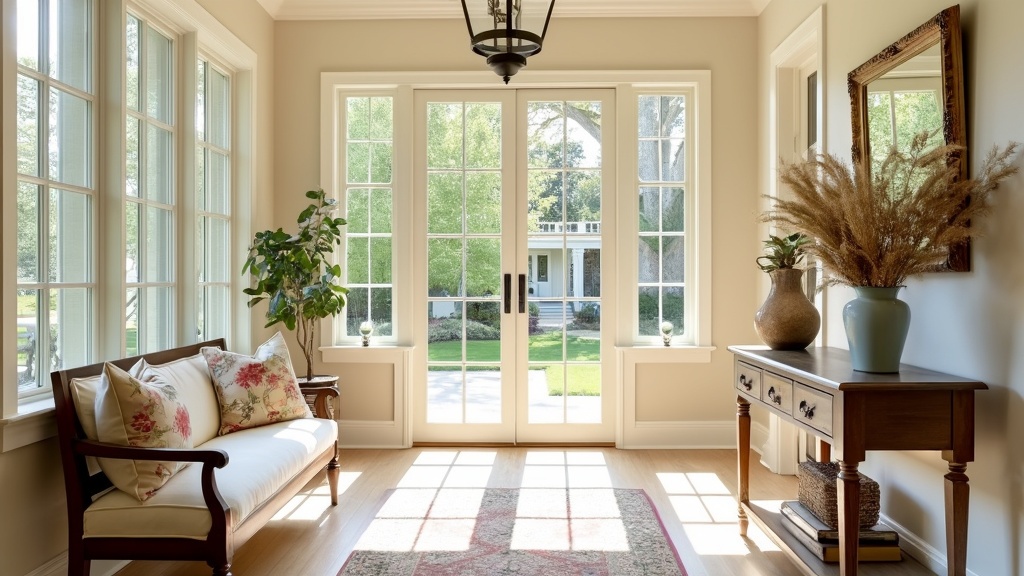 Light-filled entryway with large windows, beige walls, pale oak flooring, wooden bench, and floral cushions.