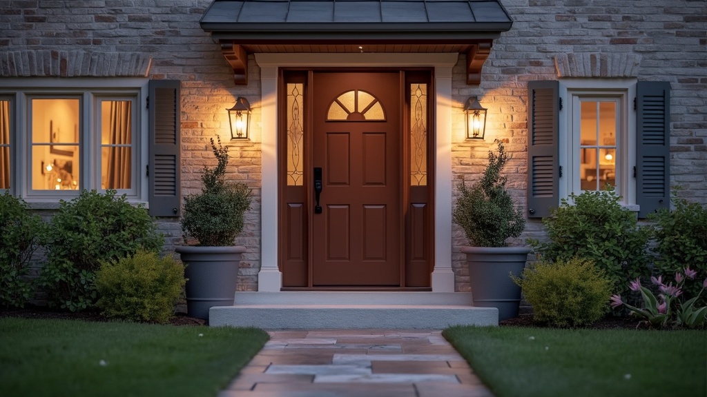 Decorative light fixtures enhancing front door decor, providing warmth and safety for a welcoming entryway.