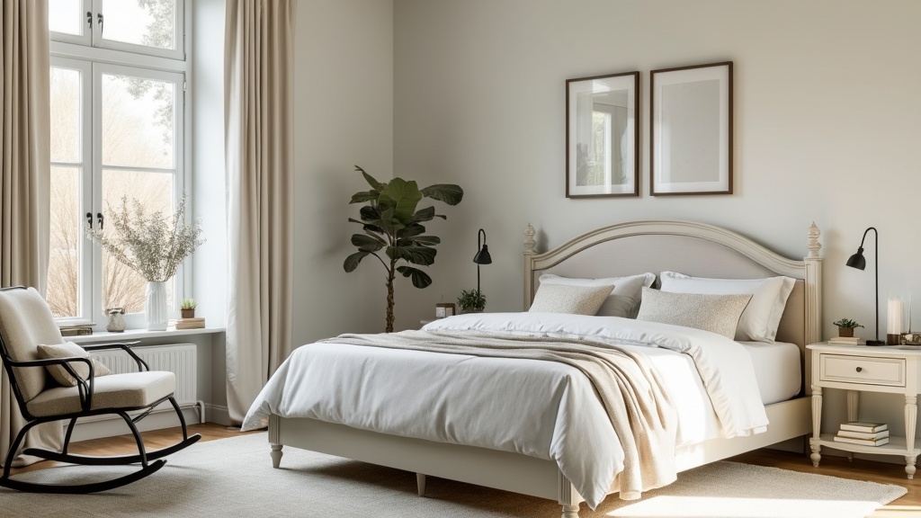 Light and Airy Bedroom with soft whites and grays, elegant bedframe, delicate furniture, and minimal decor.