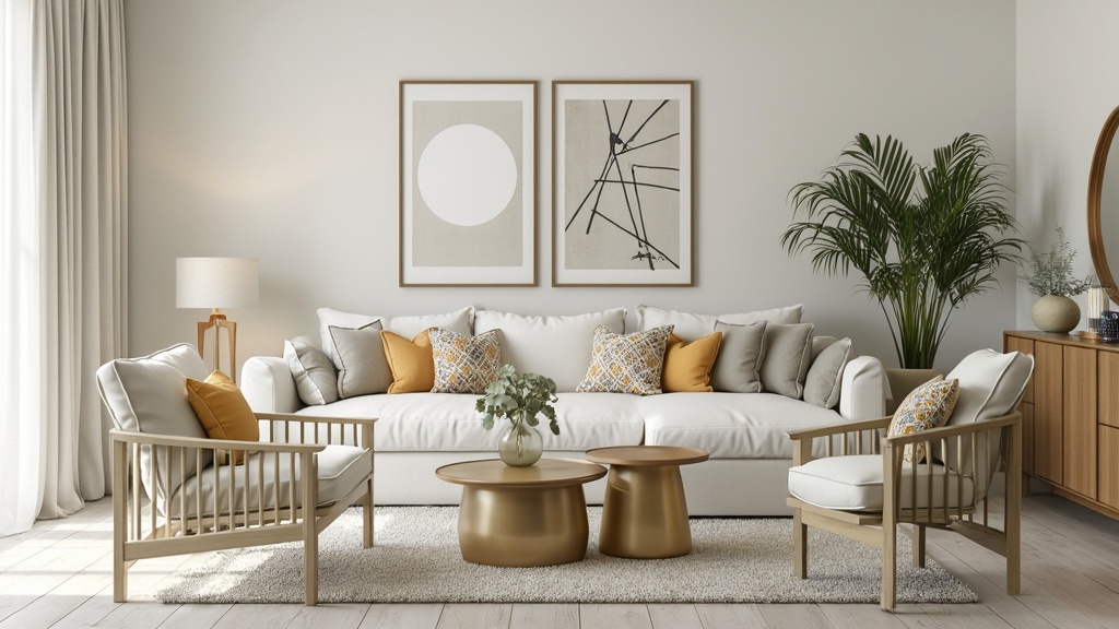 A small, inviting living room with a light color palette, bright furniture, colorful cushions, and mirrors.