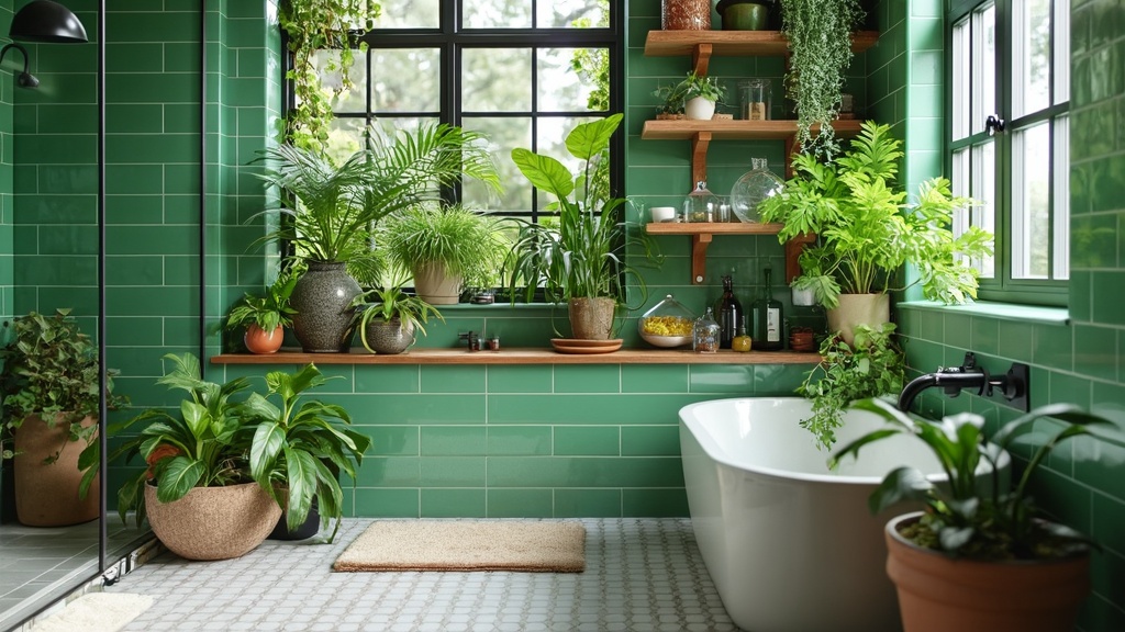 Vibrant green tiles accent wall in bathroom, deep soaking tub, plants, open shelving, terrariums, natural light.