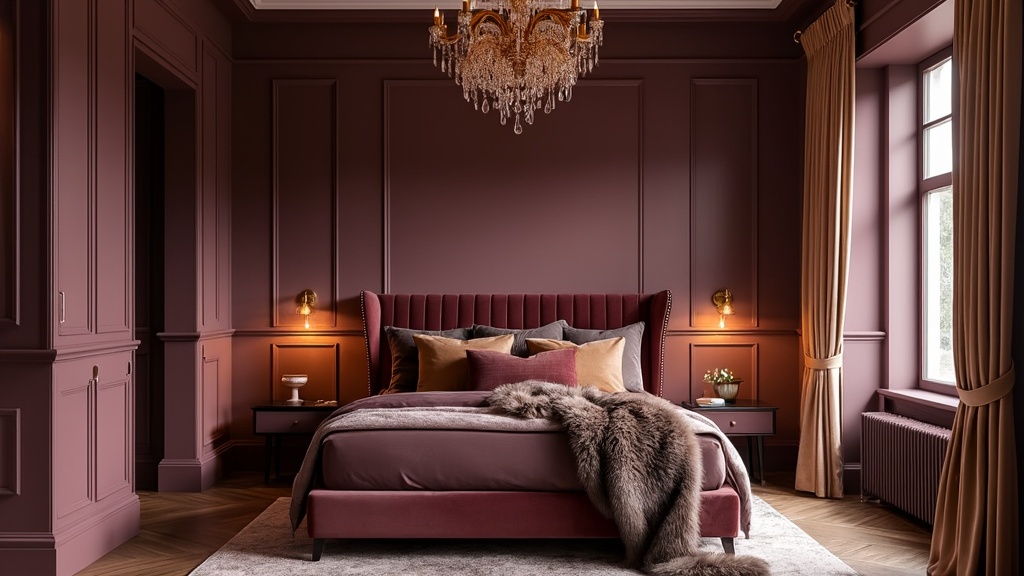 Luxe Scandifornian bedroom with velvet bed, jewel tones, gold accents, and elegant lighting.