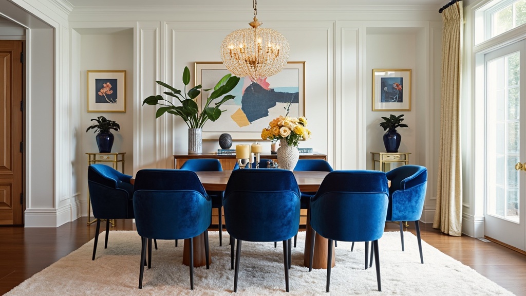 Mid-Century Modern dining room with walnut table, velvet chairs, gold accents, and a stunning chandelier.