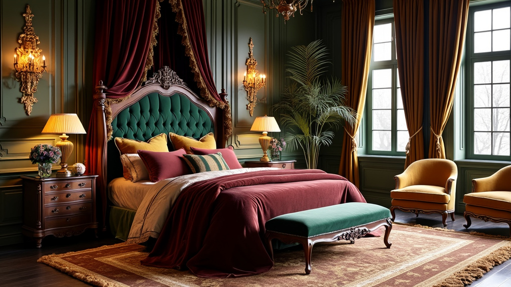 Luxurious bedroom with velvet bedspread, carved wooden bed, rich burgundy and gold colors, ornate drapes.