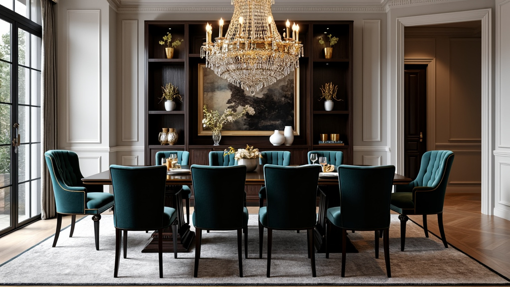 Luxurious dining space with dark wood table, velvet jewel-toned chairs, and a grand crystal chandelier.
