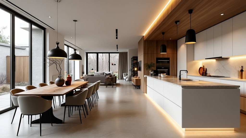 Luxurious open concept kitchen with layered lighting, sleek white cabinetry, and rustic wood details.