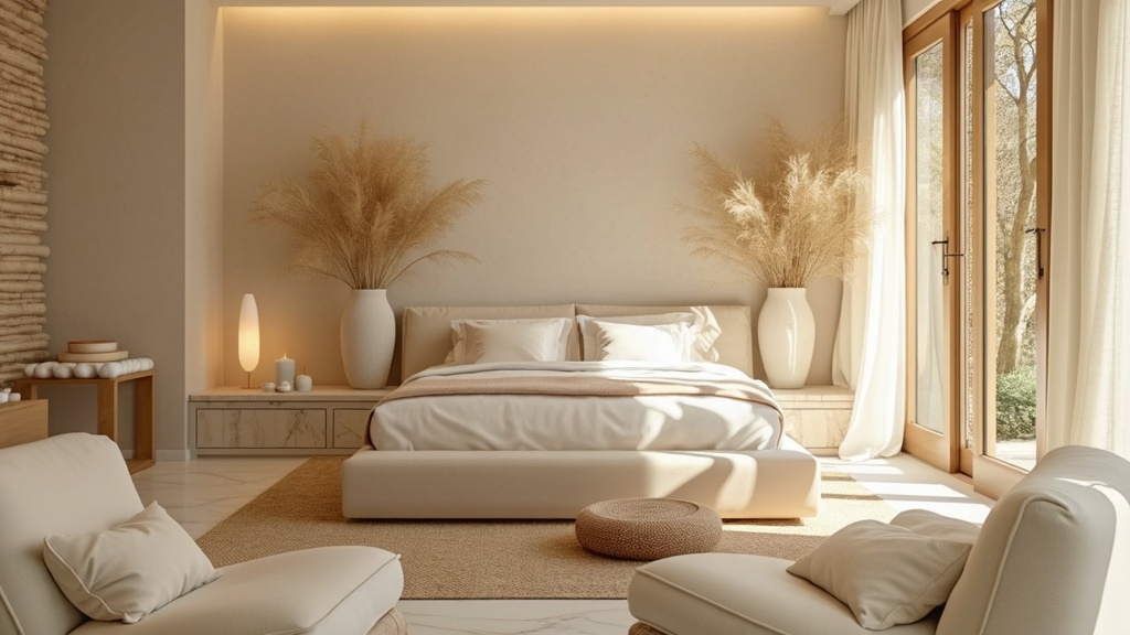 Luxurious spa bedroom with cream and white decor, soft bed, natural materials, and serene ambiance.
