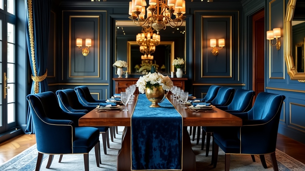 Luxurious velvet dining room with jewel-toned chairs, mahogany table, gold fixtures, and elegant decor.