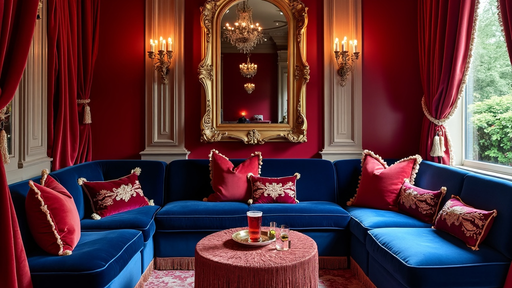 A luxurious Victorian-inspired patio with velvet seating, jewel tones, gold mirrors, and soft drapes.