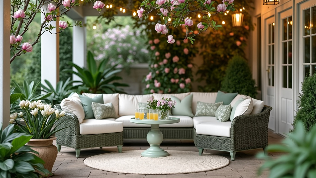 A serene patio with magnolia trees, potted plants, cozy furniture, string lights, and a vintage side table.