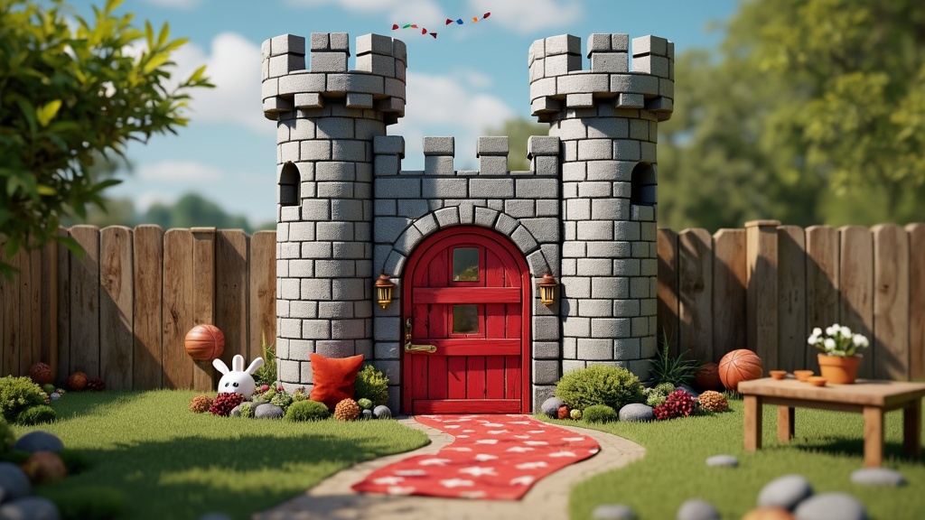A medieval castle playhouse made from pallets, with tall walls, battlements, colorful flags, and royal decor.