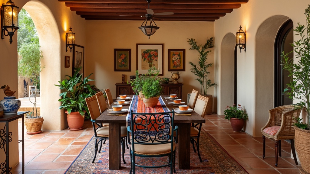 Mediterranean dining room with earthy tones, wooden table, terracotta pots, and warm ambient lighting.