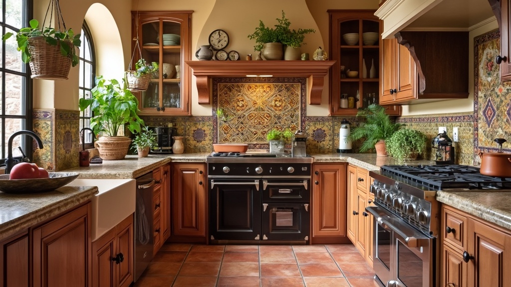 A Mediterranean-inspired galley kitchen with earthy tones, colorful tiles, rustic wood, and terracotta flooring.