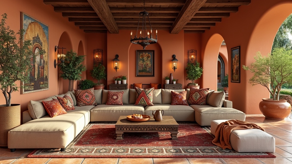 Mediterranean living room with terracotta walls, beige sofa, colorful pillows, rustic coffee table, and greenery.