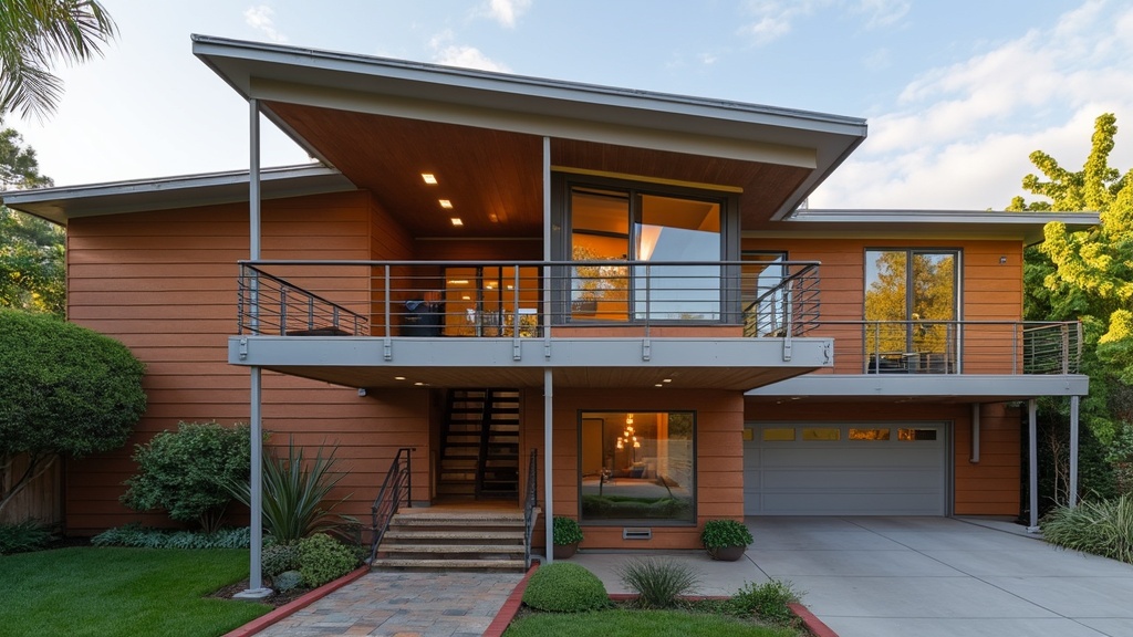 Mid-century modern balcony design with stainless steel and glass railings celebrating 1970s architecture.