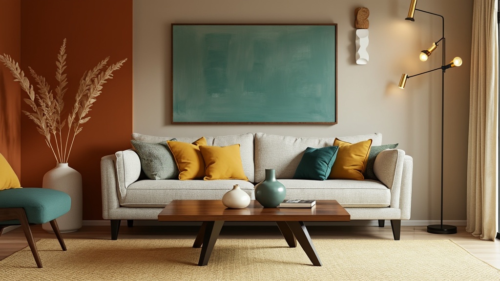 Mid-century modern living room with sleek furniture, rich earth tones, and unique lighting fixtures.