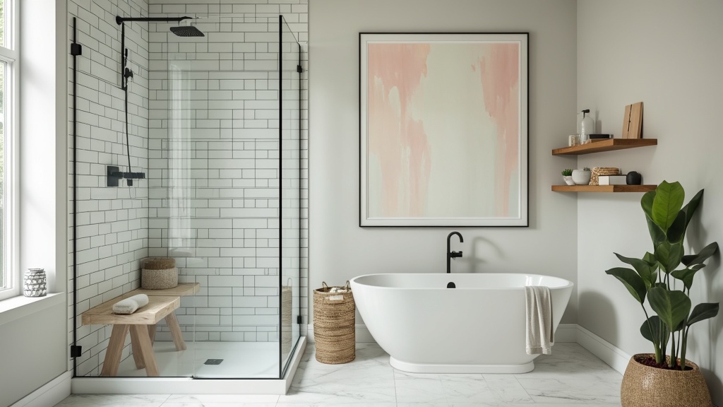Minimalist shower tub combo with clear glass enclosure, white subway tiles, and a freestanding tub.