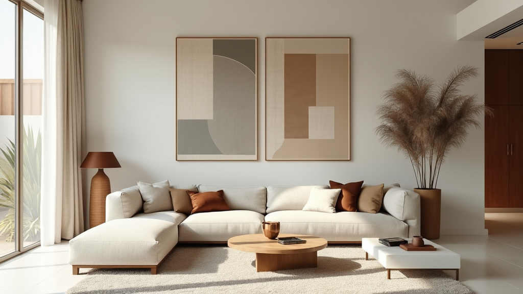 A minimalist living room with a low-profile natural fiber sofa, large abstract art, and wooden accents.