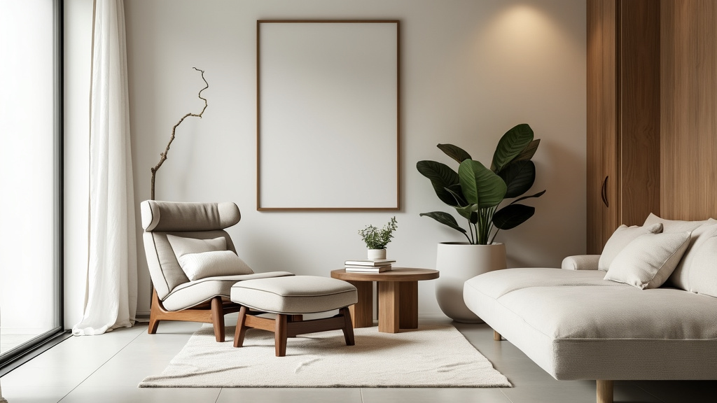 A minimalist reading nook with a lounge chair, side table, throw, indoor plant, and serene lighting.