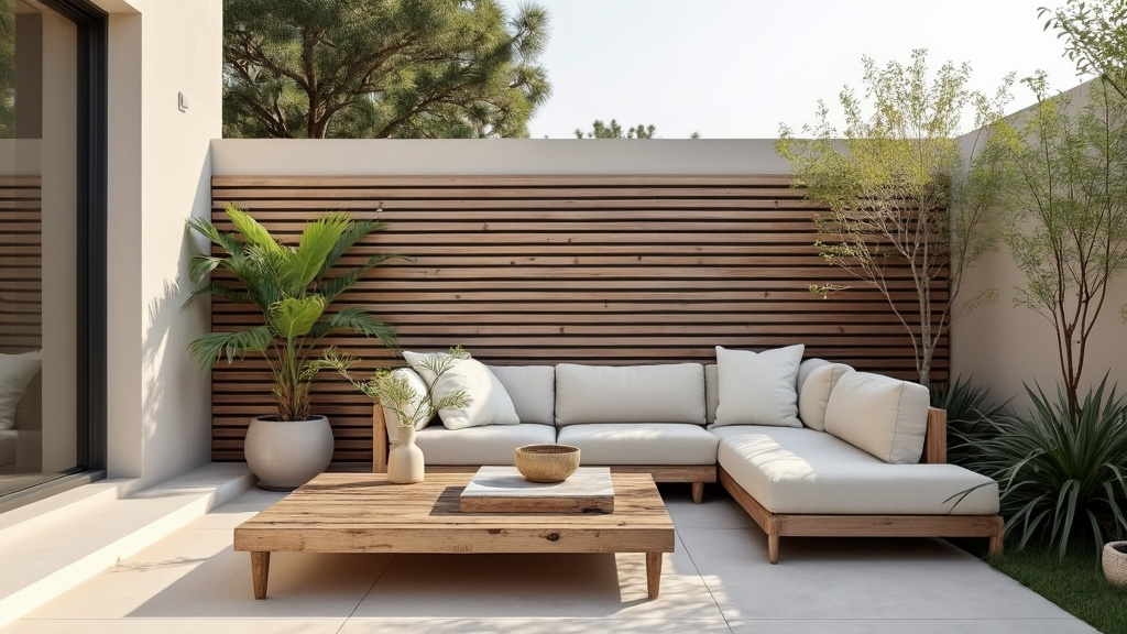 Minimalist patio with wood accents, cozy furnishings, privacy wall, and earthy tones for tranquility.