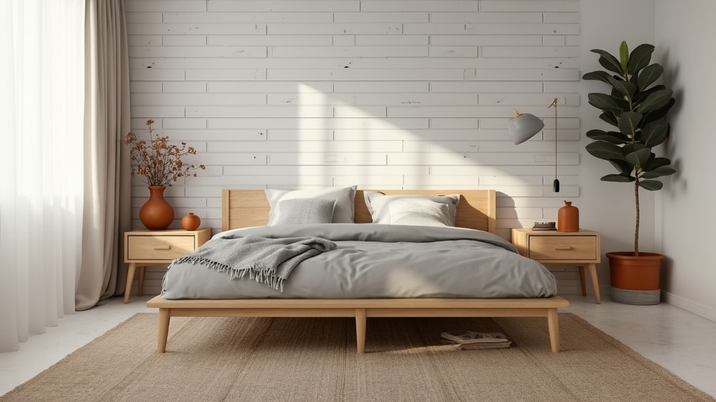 Minimalist Scandinavian bedroom with light wood, soft linens, airy white shiplap wall, and plants.