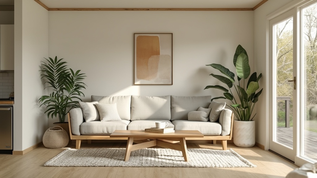 Minimalist zen retreat in a mobile home, featuring neutral colors, natural materials, and potted plants.