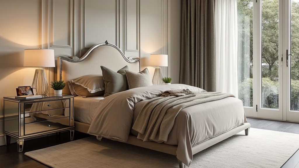 Stylish bedroom with mirrored furniture, including nightstands and dressers, enhancing elegance and light.
