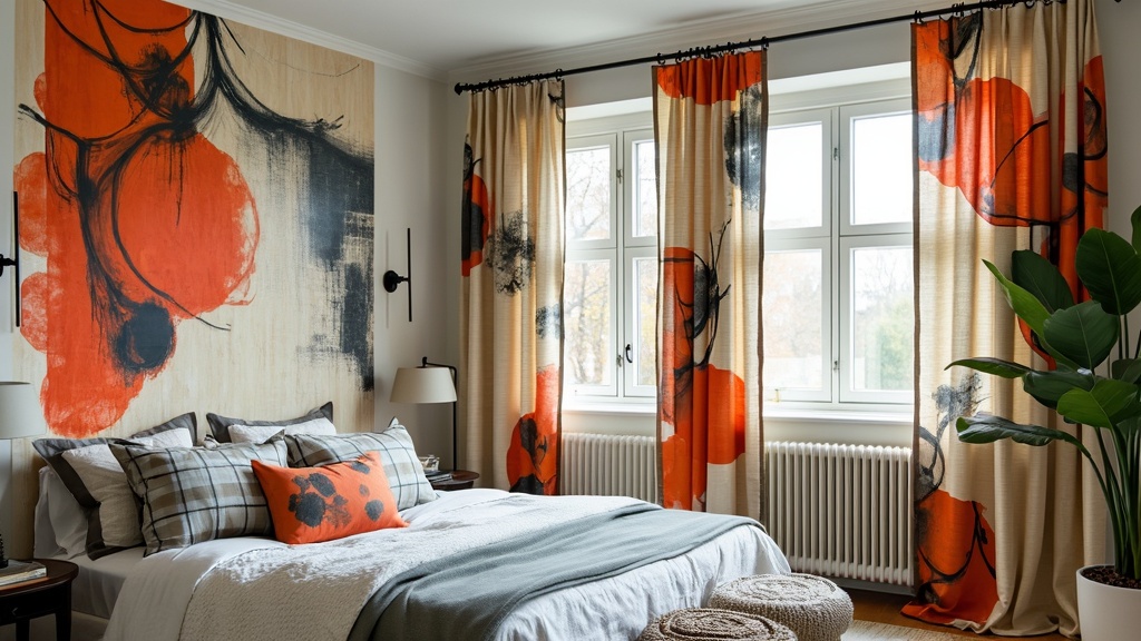 Art-inspired curtains with abstract prints embellishing a bay window, adding modern flair and personality.