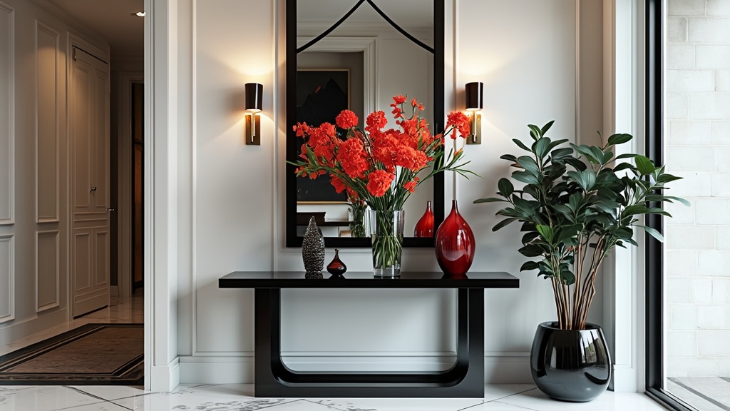 Modern entryway featuring a sleek black metal table, bold black and white decor, abstract art, and flowers.
