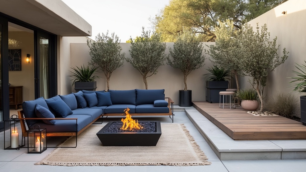 Modern elegant patio with polished concrete, natural wood, navy cushions, sectional sofa, and fire pit.