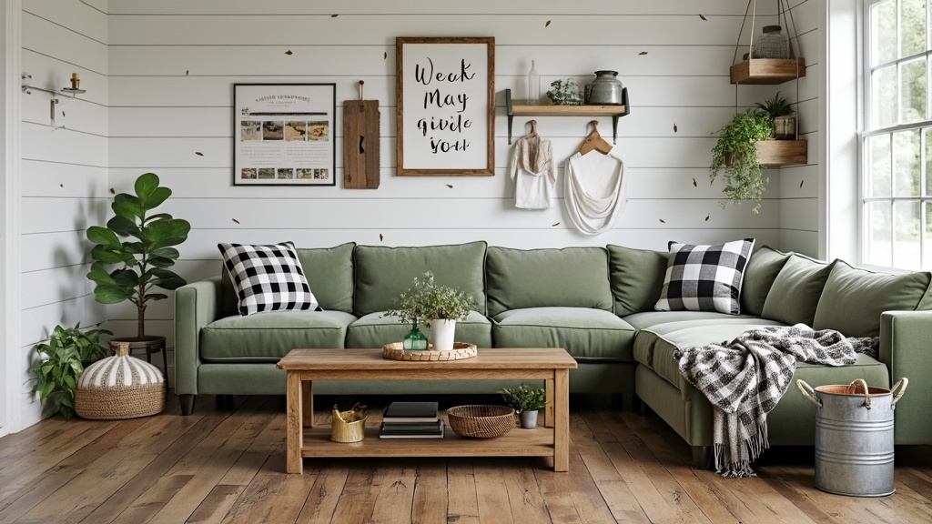 Modern farmhouse living room with sage green velvet sofa, shiplap walls, distressed hardwood, and rustic decor.