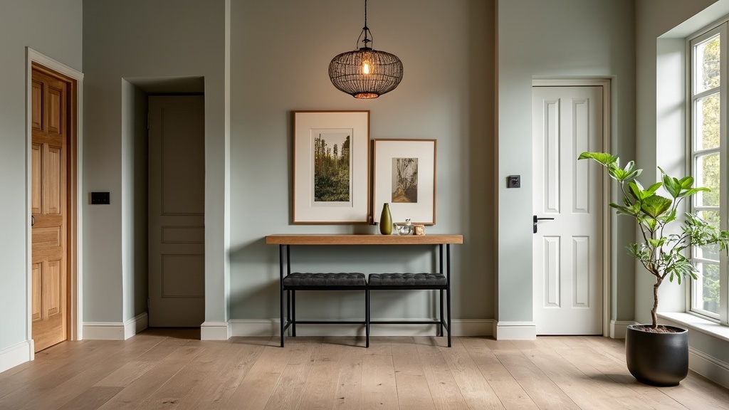 Modern French Country entryway with oak flooring, gray walls, olive accents, minimalist decor, and vintage photos.