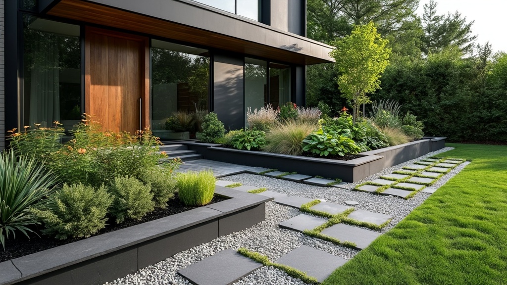 Modern geometric flower bed with sharp lines and balanced plant arrangement for a clean aesthetic.