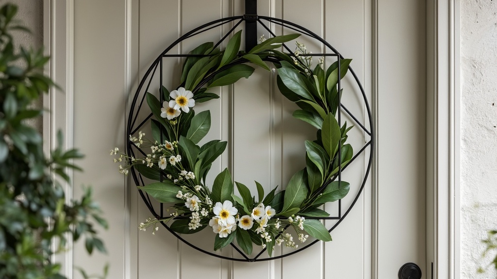 Modern geometric wreath with metal shapes and greenery, perfect for minimalist spring decor.