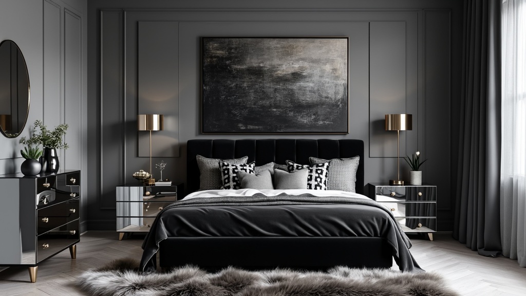 Modern glam bedroom with black and grey colors, plush velvet bed, mirrored furniture, and abstract art.