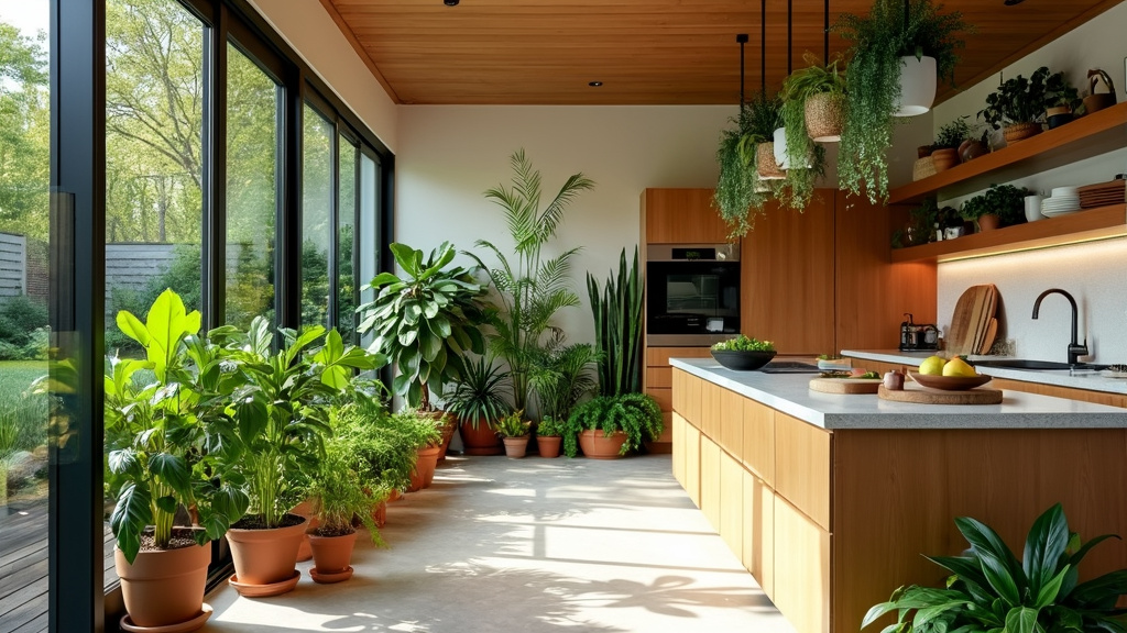 Modern greenhouse kitchen with sliding glass doors, potted plants, natural wood, and bright murals.