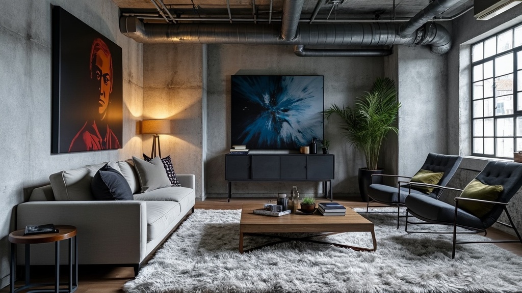 Chic modern industrial loft with exposed concrete walls, metal furniture, reclaimed wood, and artwork.