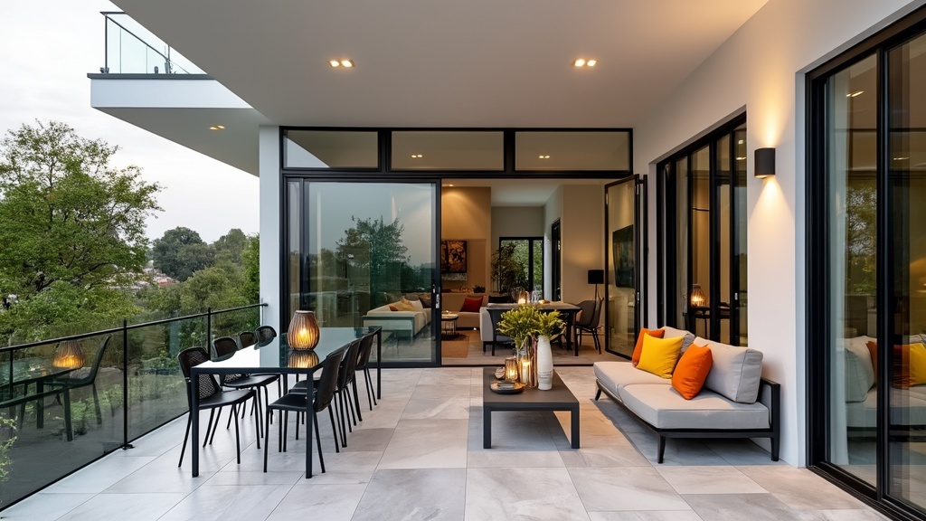 Modern metal and glass patio with sleek lines, minimalist furniture, and elegant lighting for sophistication.