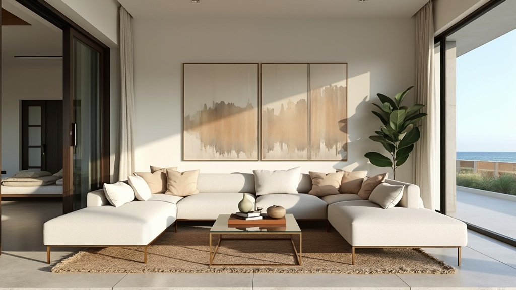 Modern minimalist room in Palm Beach style with neutral tones, sleek furniture, and coastal art pieces.