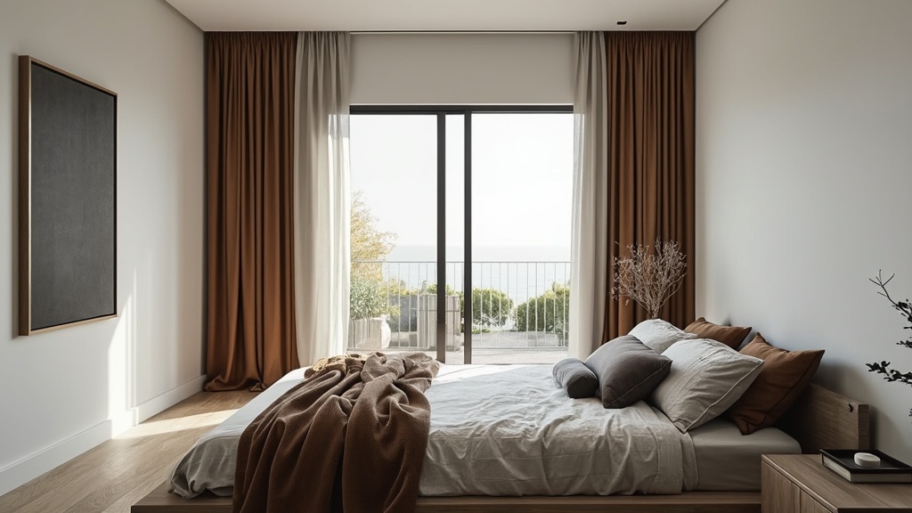 Minimalist bedroom with solid color curtains over sliding glass door, emphasizing simplicity and functionality.