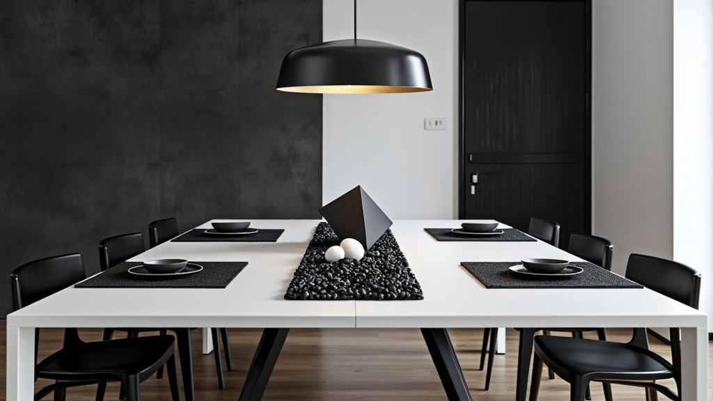 Modern minimalist dining room with white table, black chairs, textured black wall, and geometric centerpiece.