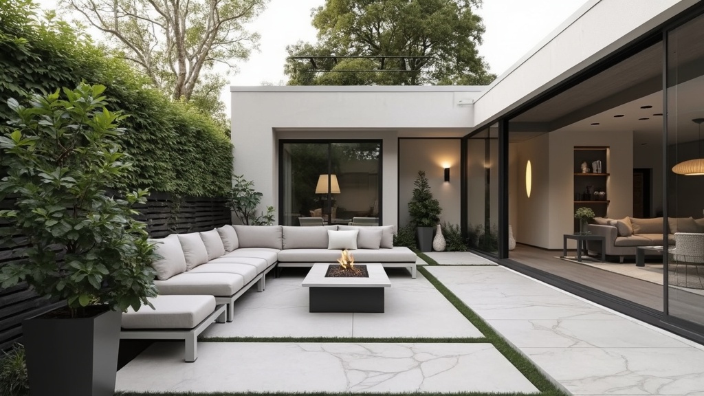 Modern minimalist backyard patio with clean lines, neutral colors, geometric furniture, and potted plants.