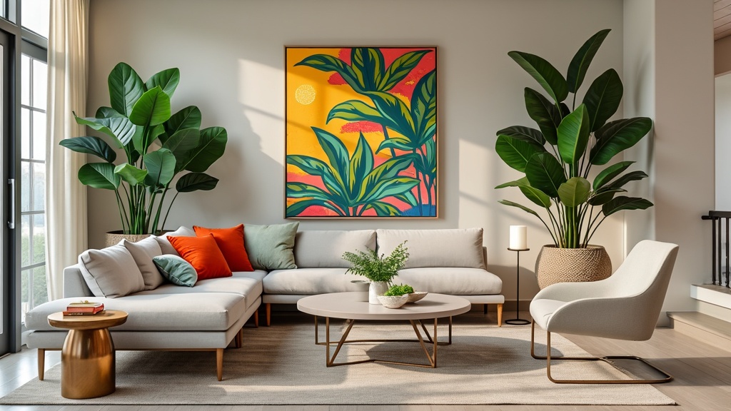 Contemporary living room blending modern design, Southern elements, sleek furniture, and vibrant artwork.