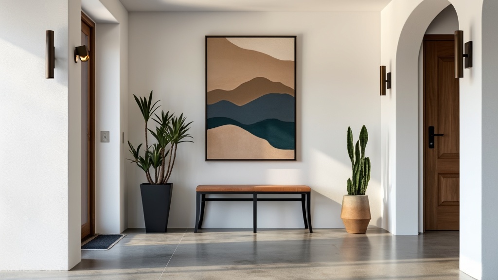 Entryway blending modern design and Southwestern art, featuring white walls, concrete floor, and minimalist decor.
