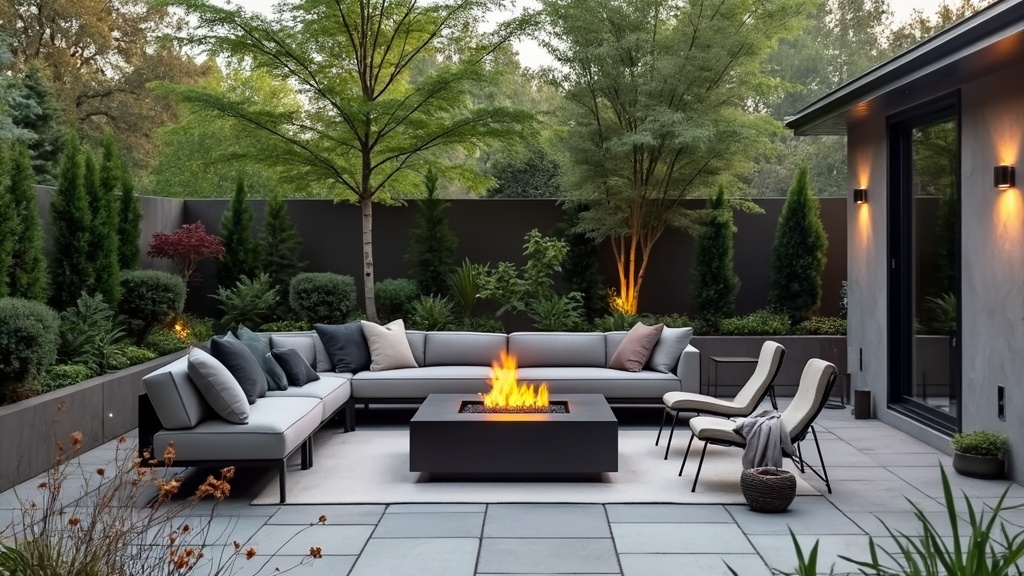 Modern square steel fire pit on a concrete patio, surrounded by greenery and modular outdoor seating.