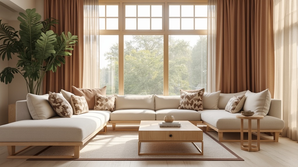 Contemporary living room with brown textured curtains, cream sectional, light wood furniture, and geometric pillows.